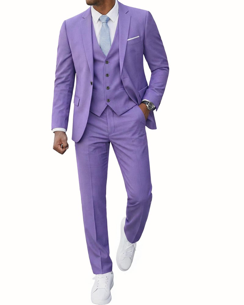 YND Men's 3 Piece Slim Fit Suit, One Button Solid Jacket Vest Pants Set with Tie, for Wedding Party Proms and Business, Purple - Image 1